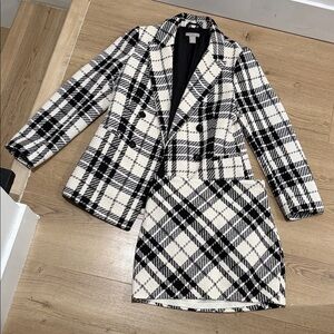 H&M Tweed Plaid Black and White Blazer & Skirt Set